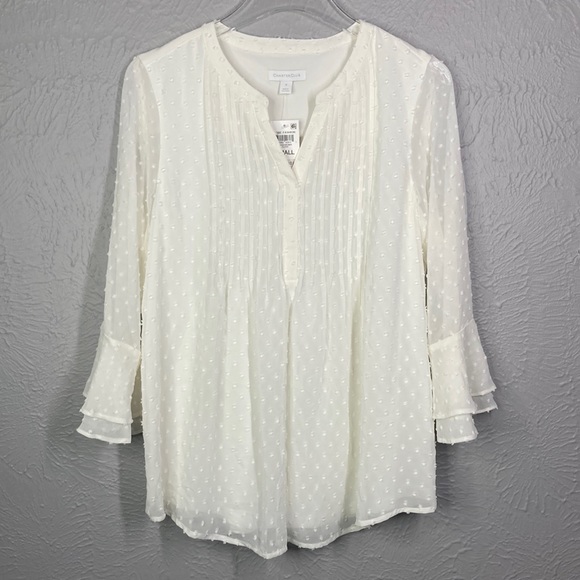 NWT Charter Club Ivory Ruffled Textured Pintucked Bell Sleeve Split Blou… - Picture 2 of 9